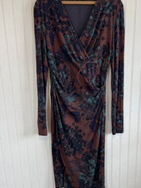 PERUVIAN CONNECTION Dress Faux Wrap Long Sleeve Midi Multicolor V Neck Size M